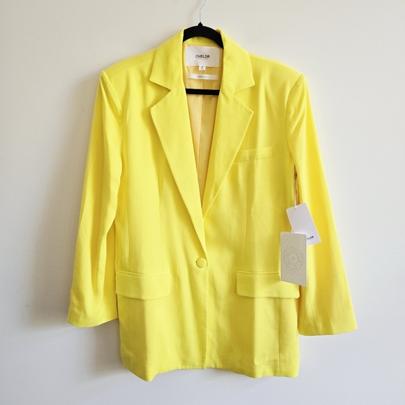 CHRLDR I NWT M Bright Yellow Janet Ovwrsized Lyocell Blazer - Picture 3 of 9